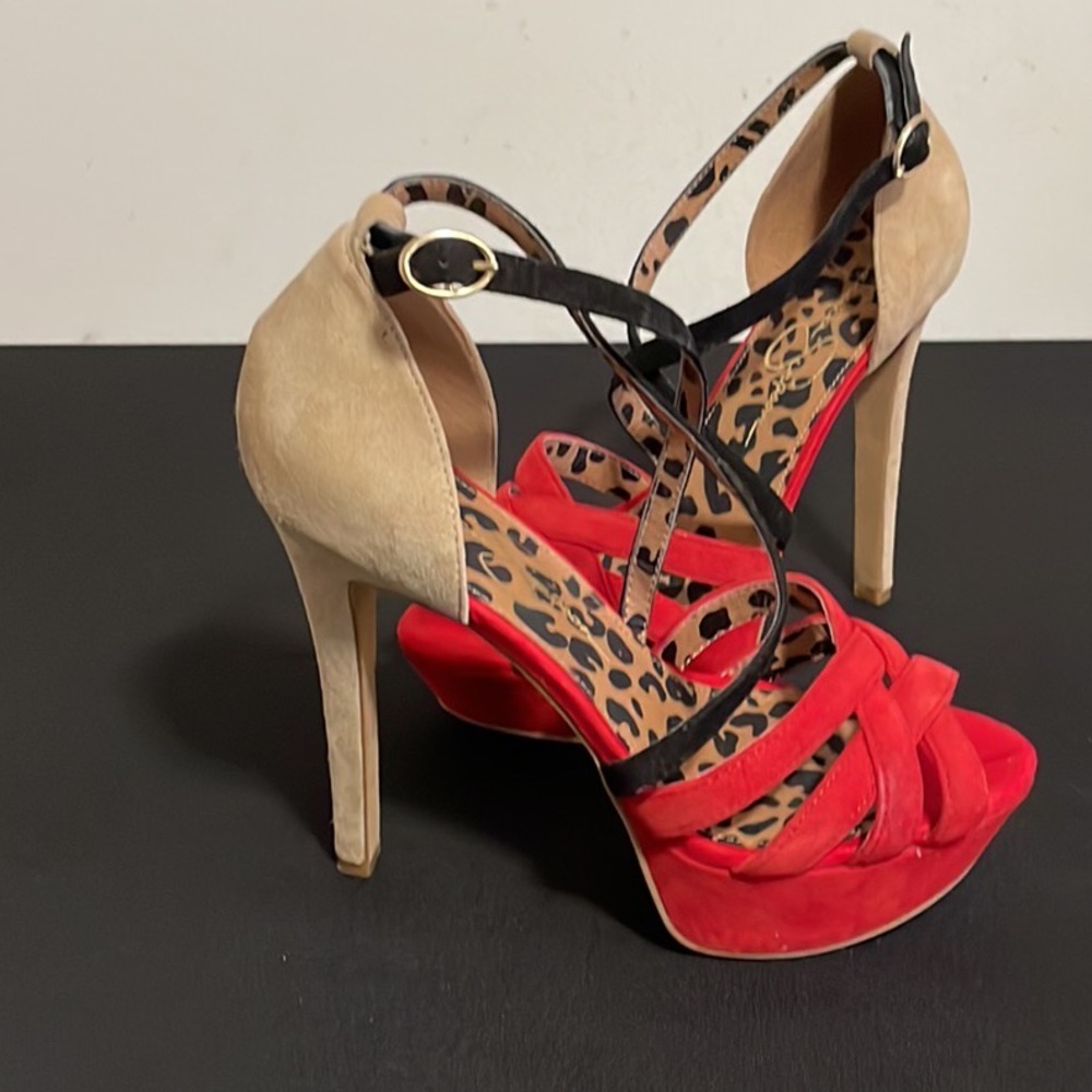 Jessica Simpson Red/Black/Tan Suede Platform Heels, size:8.5